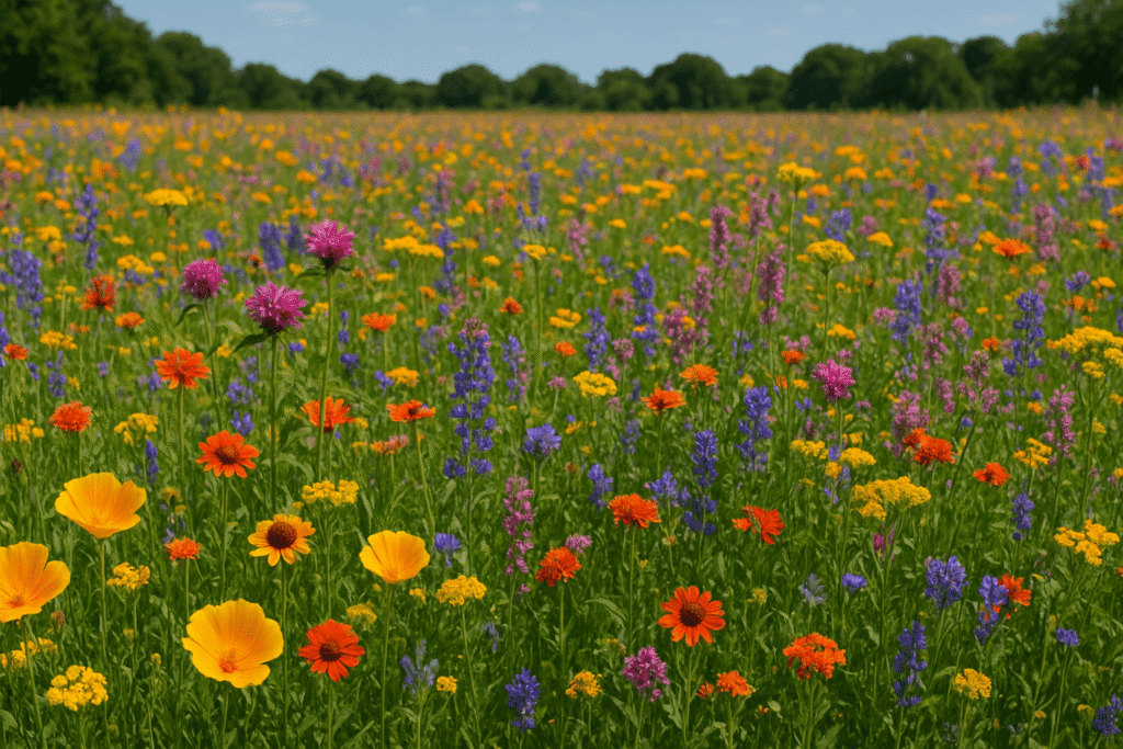 "Vibrant wildflower meadow showcasing native drought-tolerant flowers in bloom, perfect example of sustainable flower farming trends 2025"