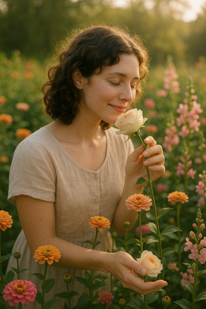 Gardener enjoying peaceful moment with flowers in the garden