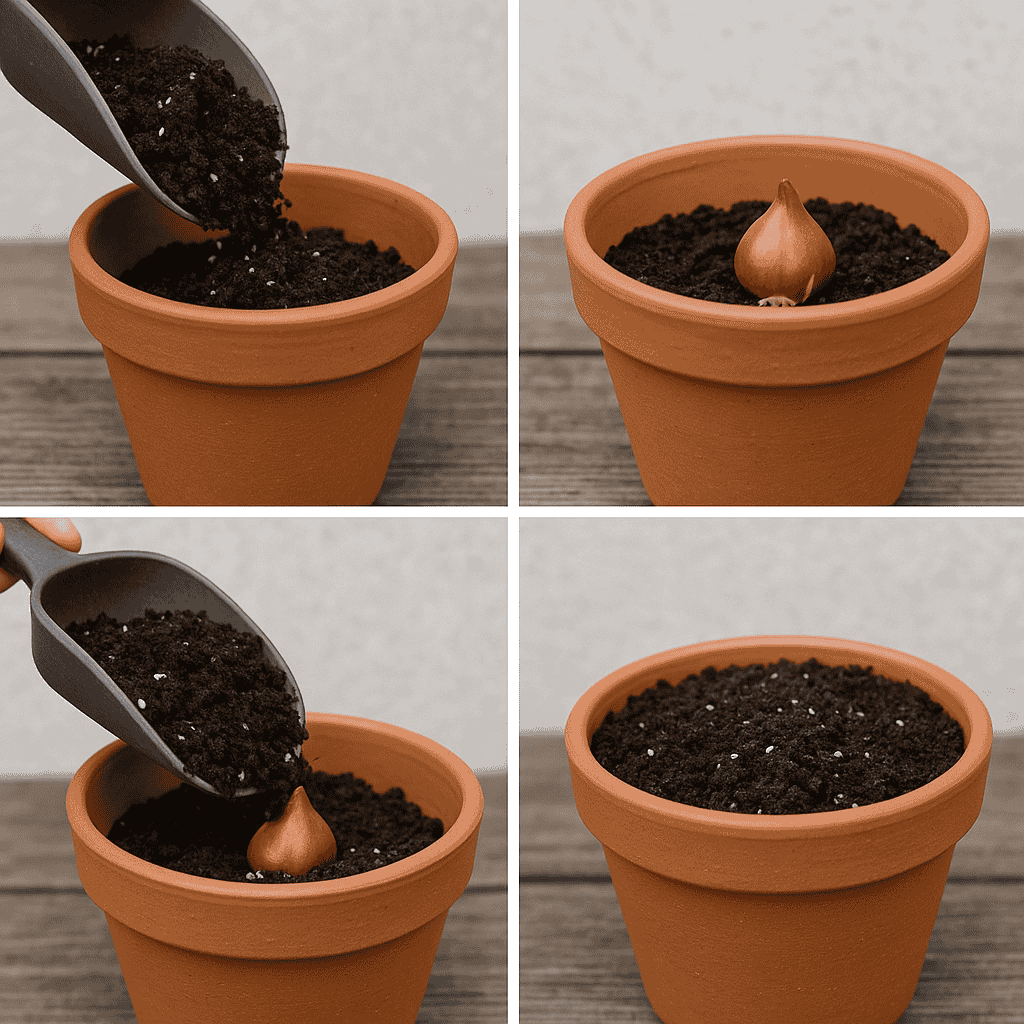 “Step-by-step planting of tulip bulbs in a pot with soil layers