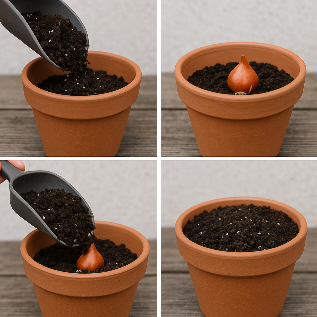 “Step-by-step planting of tulip bulbs in a pot with soil layers