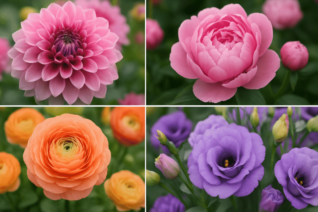 close-up collage of high-profit cut flowers including dahlias, peonies, ranunculus, and lisianthus”