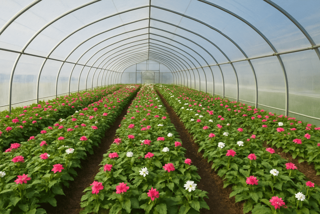 High tunnel greenhouse growing young flowering plants to extend the growing season”