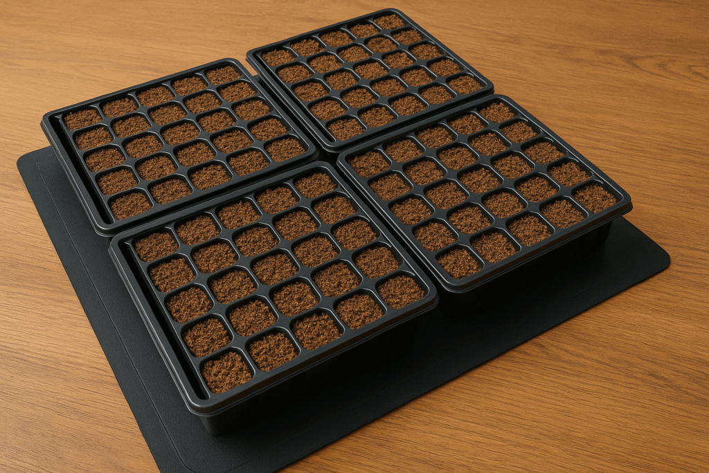 Seed trays on heating mat providing warmth for seed germination”