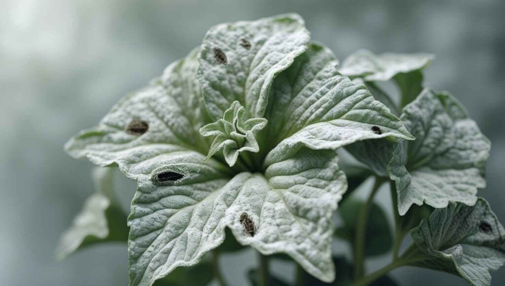 “Zinnia leaves with white powdery mildew and insect bite marks”