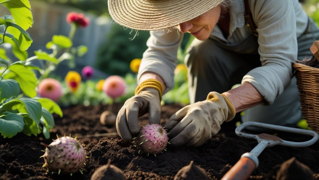 “Gardener inspecting dahlia tuber with visible growth eye before planting.”