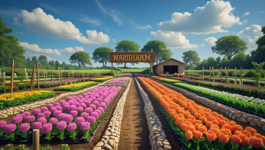Efficient small-scale flower farm layout with organized rows and paths for maximizing production