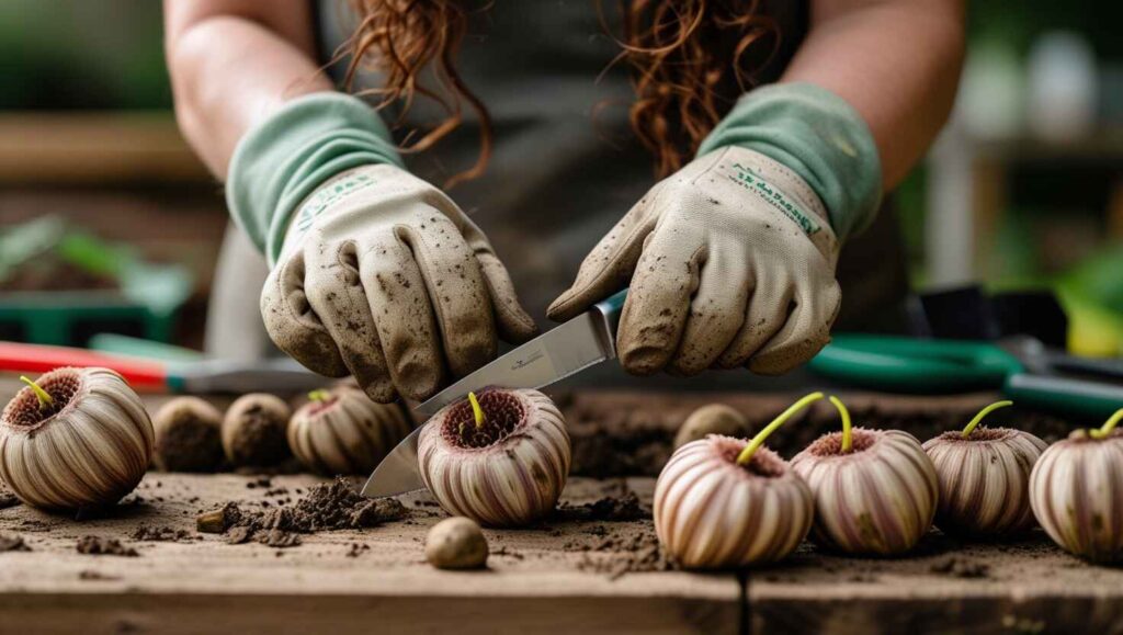 Dividing dahlia tubers carefully with a sharp knife to prepare for replanting.”