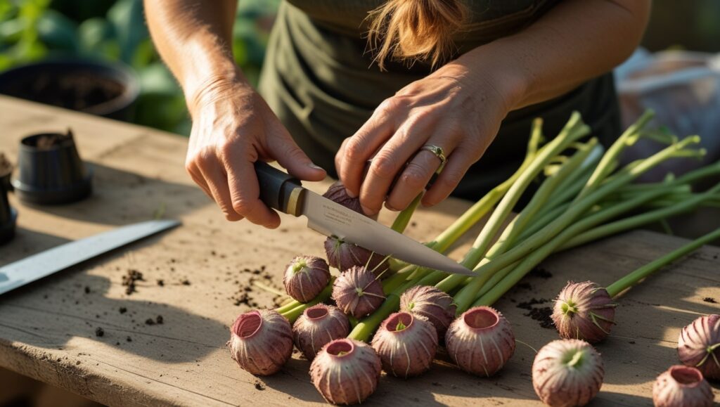 Dividing dahlia tubers carefully with a sharp knife to prepare for replanting.”