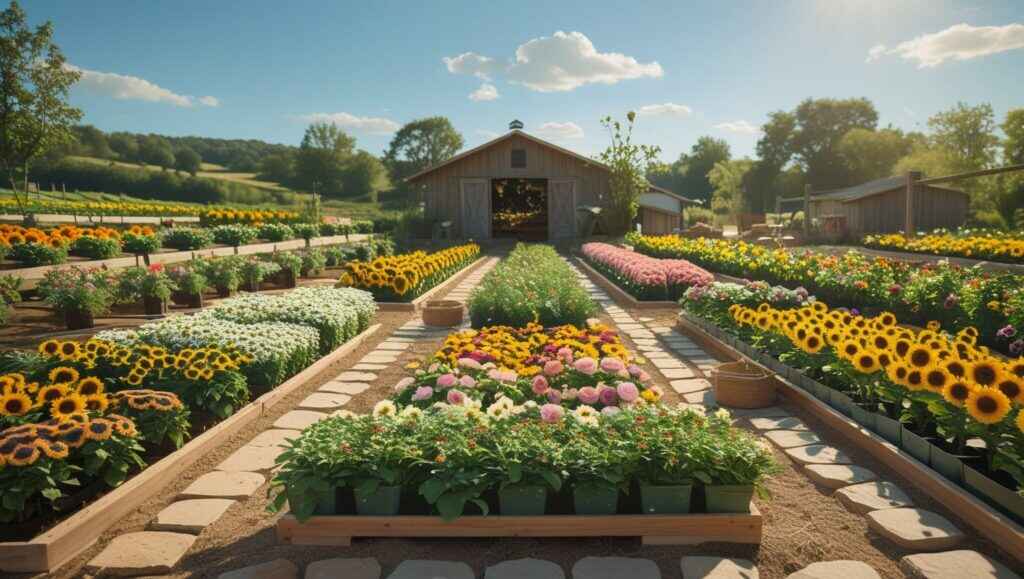 Efficient small-scale flower farm layout with organized rows