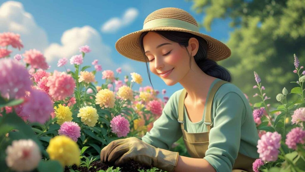 “Woman gardener tending her seasonal flower garden with joy and care”