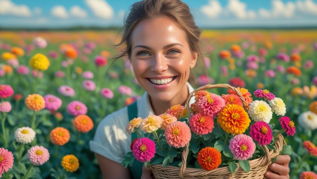 Gardener holding a basket of vibrant zinnias with joy in a blooming field"