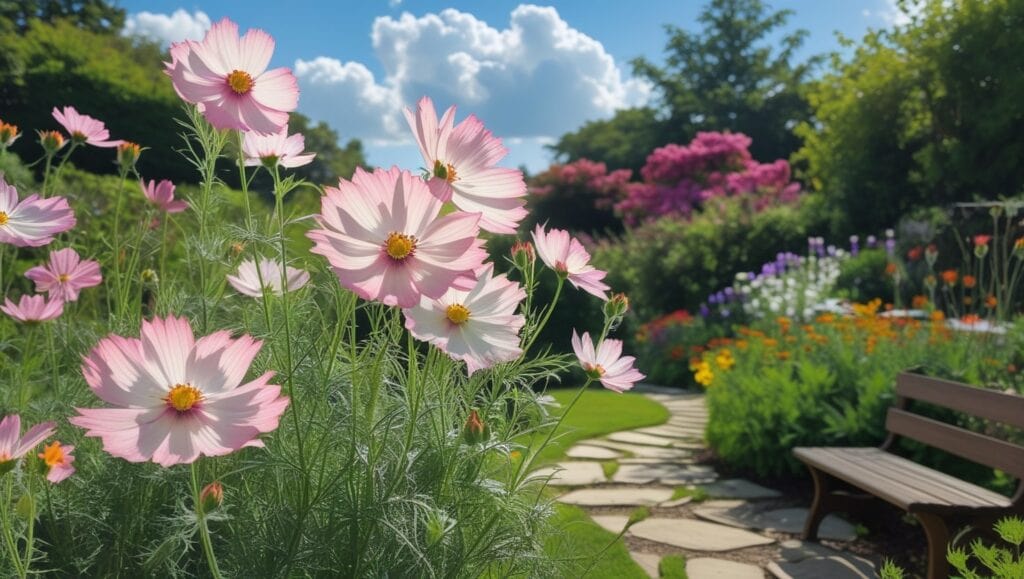 Cosmos flowers growing in a local garden, attracting pollinators and thriving in full sun