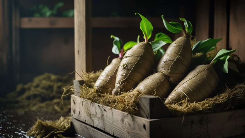 “Dahlia tubers stored in peat moss inside a cool, dark environment for winter.”