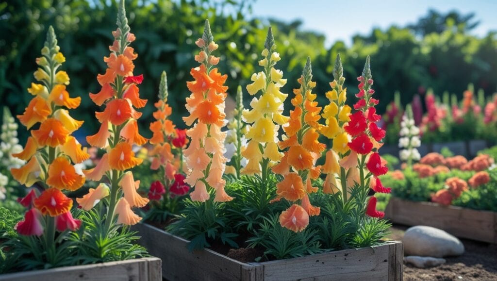 Vibrant snapdragons blooming in a small-scale flower farm under full sun