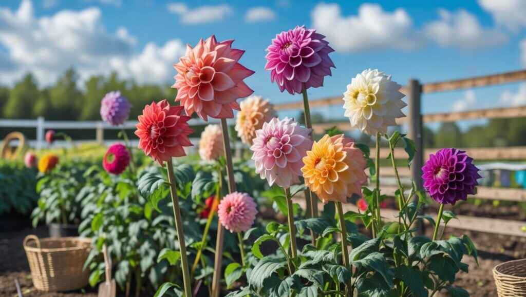 Staked dahlia plants with large blossoms thriving in a small-scale profitable flower farm