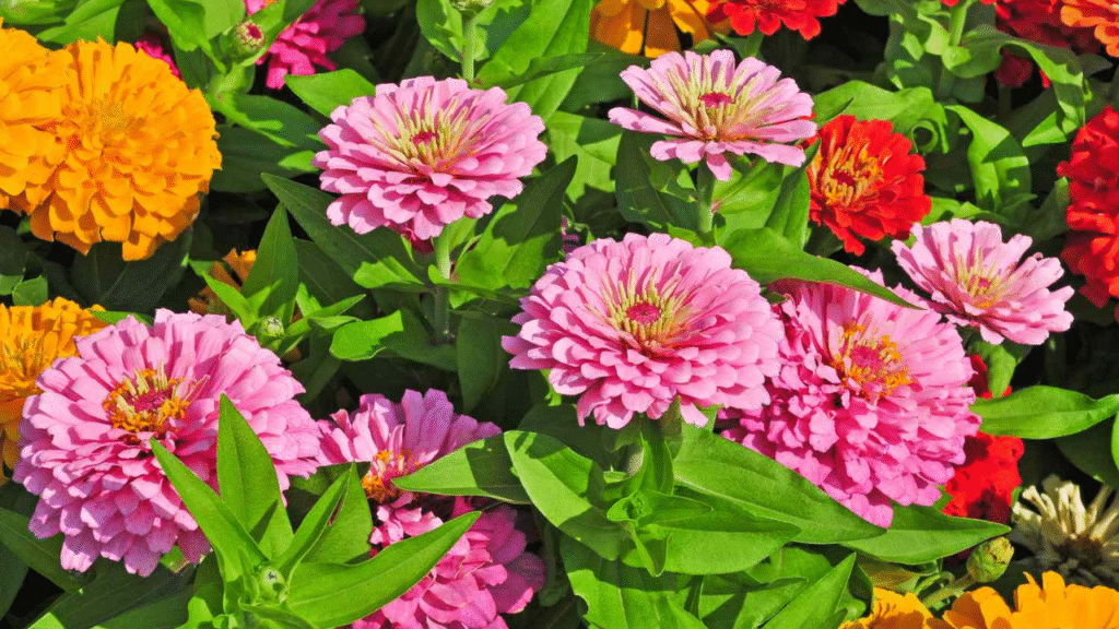 Beginner cut flower garden with zinnias, cosmos, and sunflowers blooming
