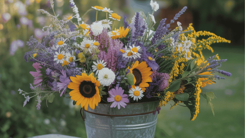 “Bright bouquet of colorful zinnia cut flowers”