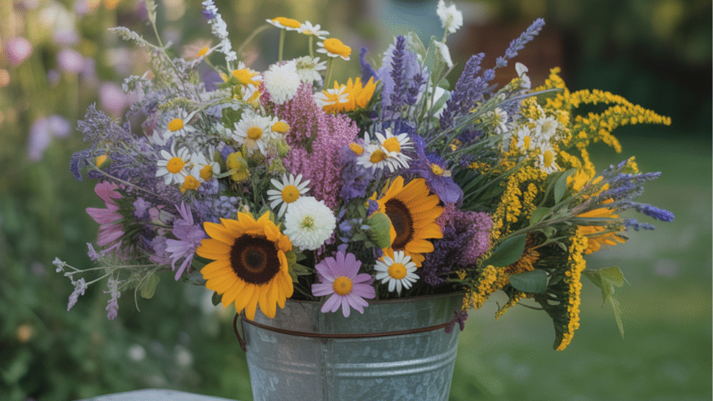 “Bright bouquet of colorful zinnia cut flowers”