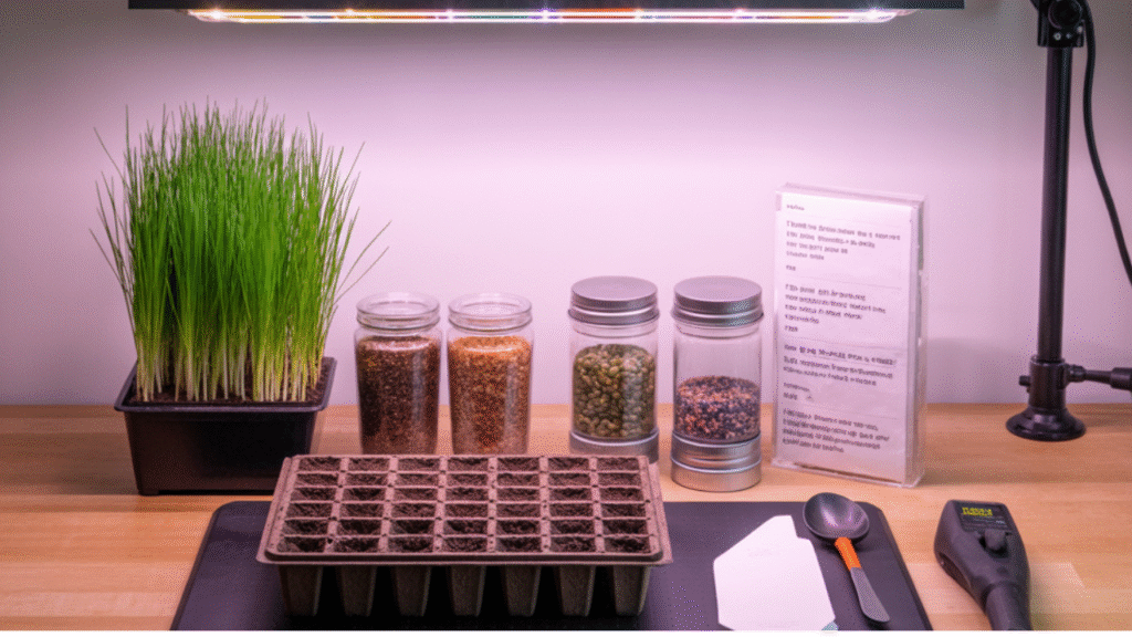 “Seed trays filled with light, well-draining seed starting mix and gardening tools”