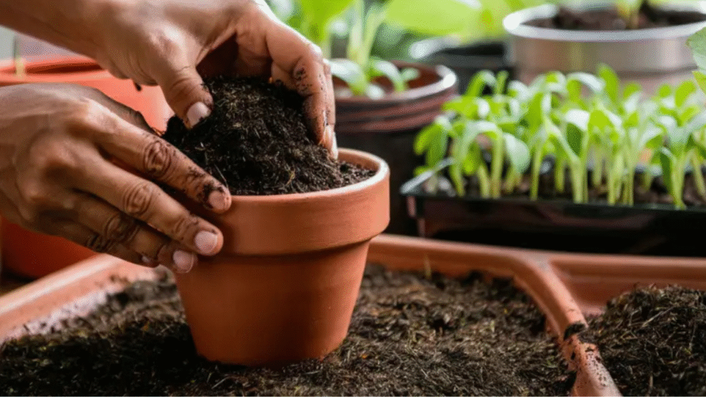 Filling seed trays with moist seed starting mix”