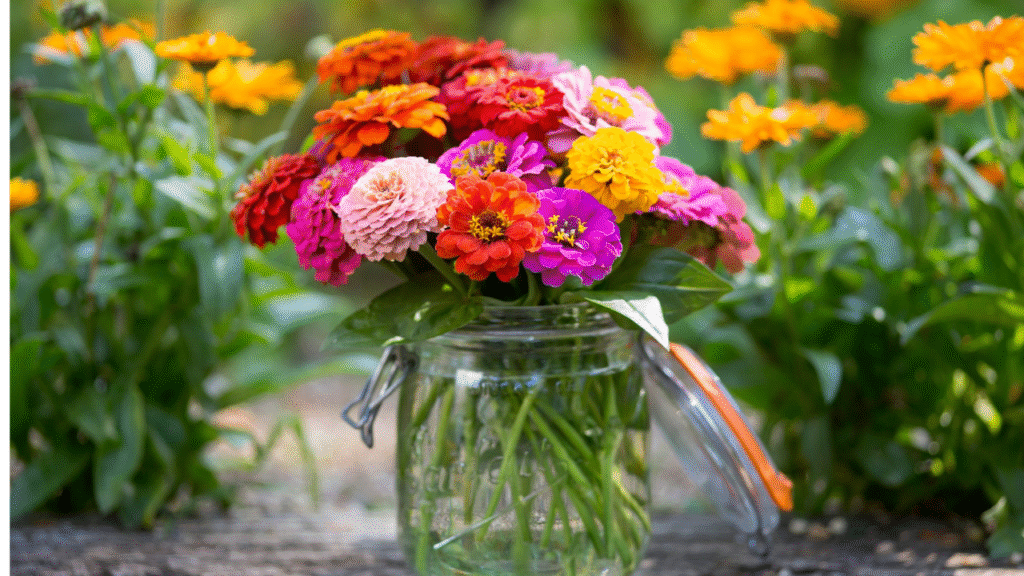 "Freshly harvested zinnias in a vase with clean water for longer vase life"