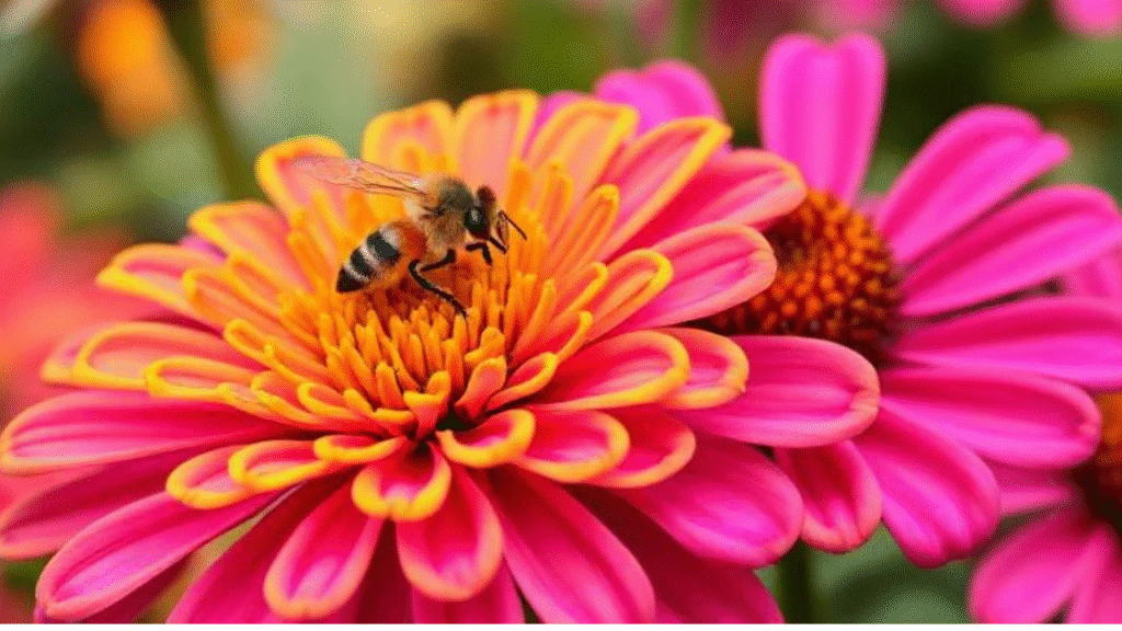 Butterfly sitting on a vibrant zinnia bloom in a sunny garden"