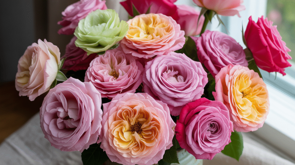 Colorful zinnia flowers in different shapes and sizes in full bloom"