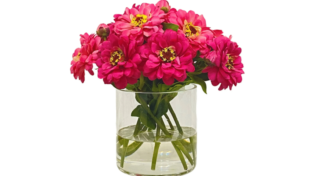 "Fresh-cut zinnias arranged in a vase on a kitchen counter"