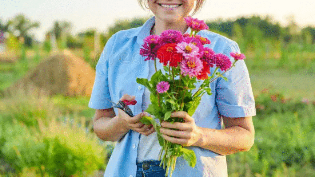 Gardener holding a basket of vibrant zinnias with joy in a blooming field"