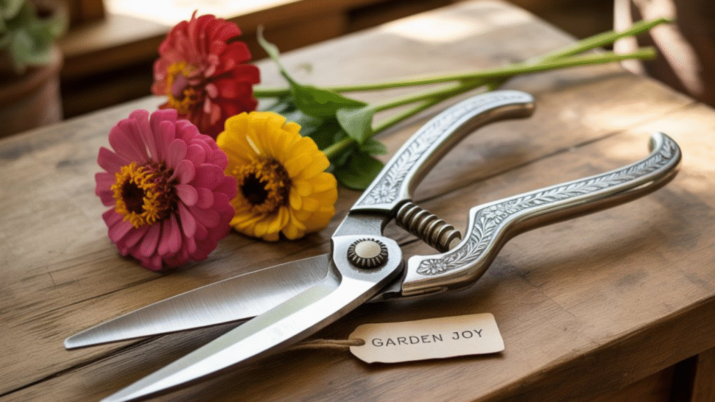 “Garden snips used for cleanly cutting zinnias during harvest”