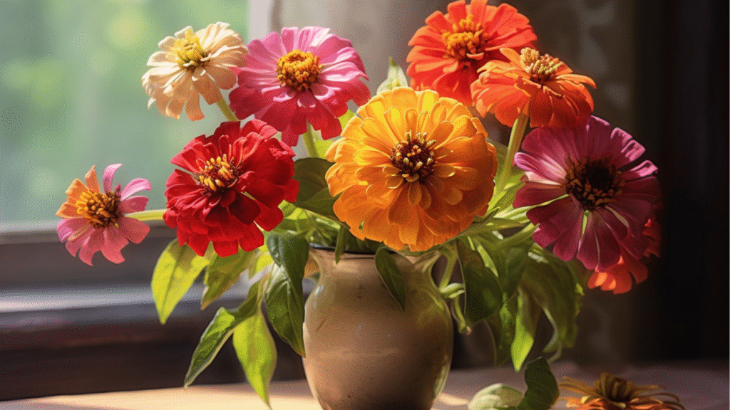“Freshly cut zinnia stems being conditioned in water before arranging”
