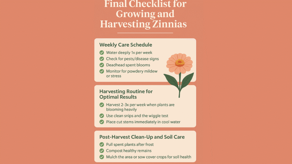 Checklist summary for growing and harvesting zinnias, including weekly care and harvesting tips”
