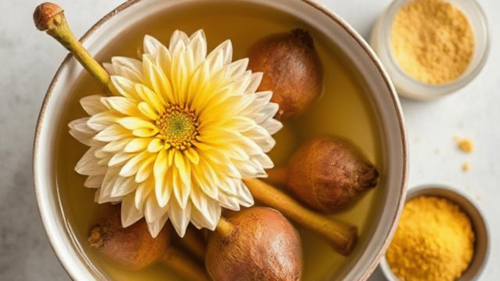 small bowl with dahlia tubers soaking in water, and nearby container of sulfur dust