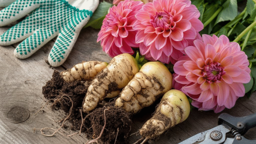“Freshly dug dahlia tubers ready for storage, with gardening tools on a rustic table”