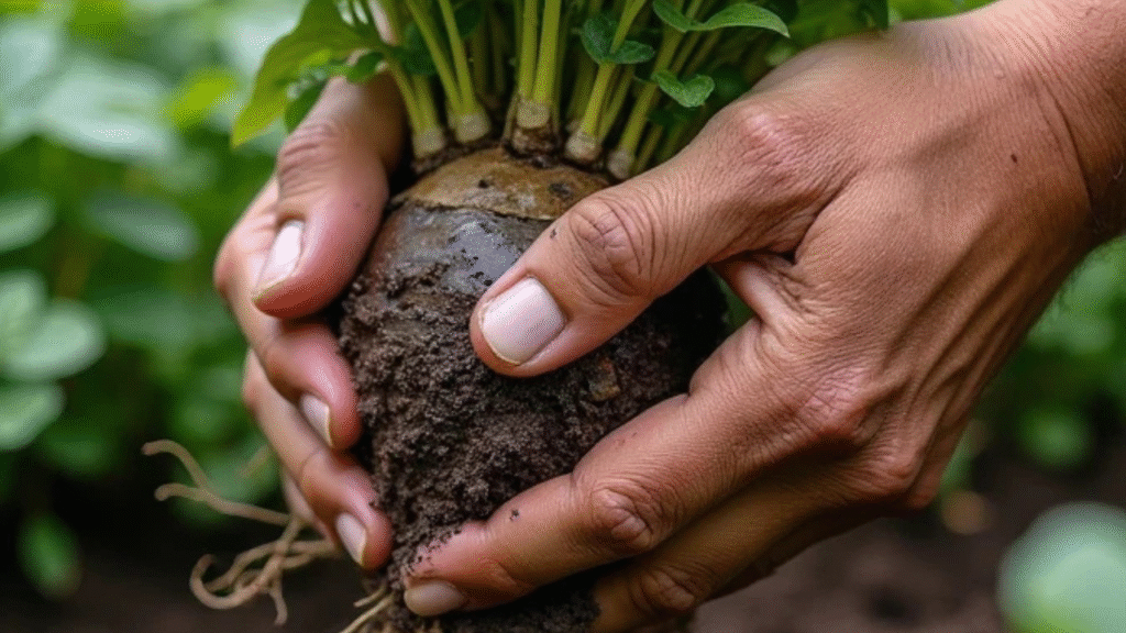 “Gardener carefully lifting dahlia tubers from the garden bed using a fork”
