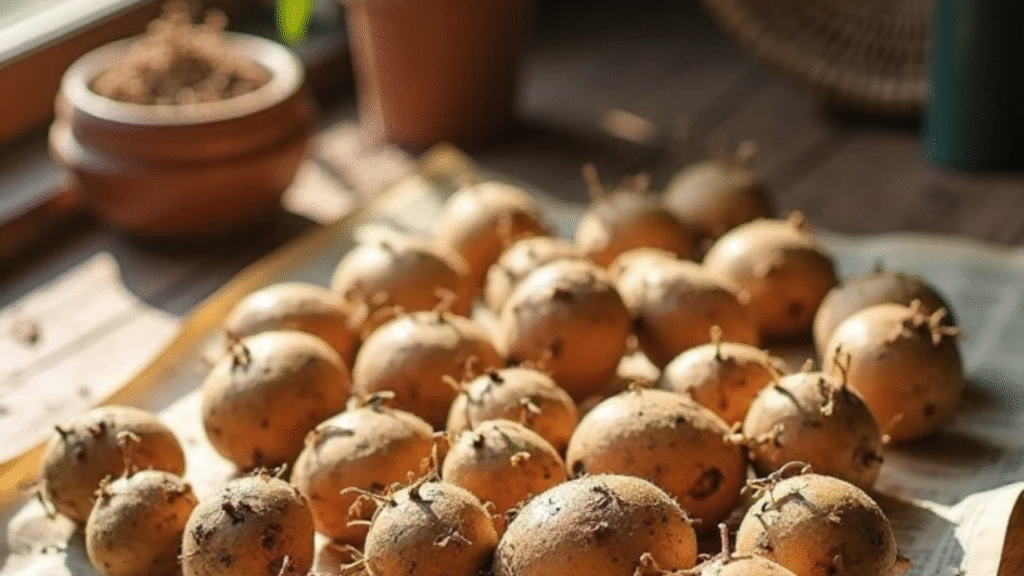 Dahlia tubers air drying indoors on a mesh tray to prevent rot”