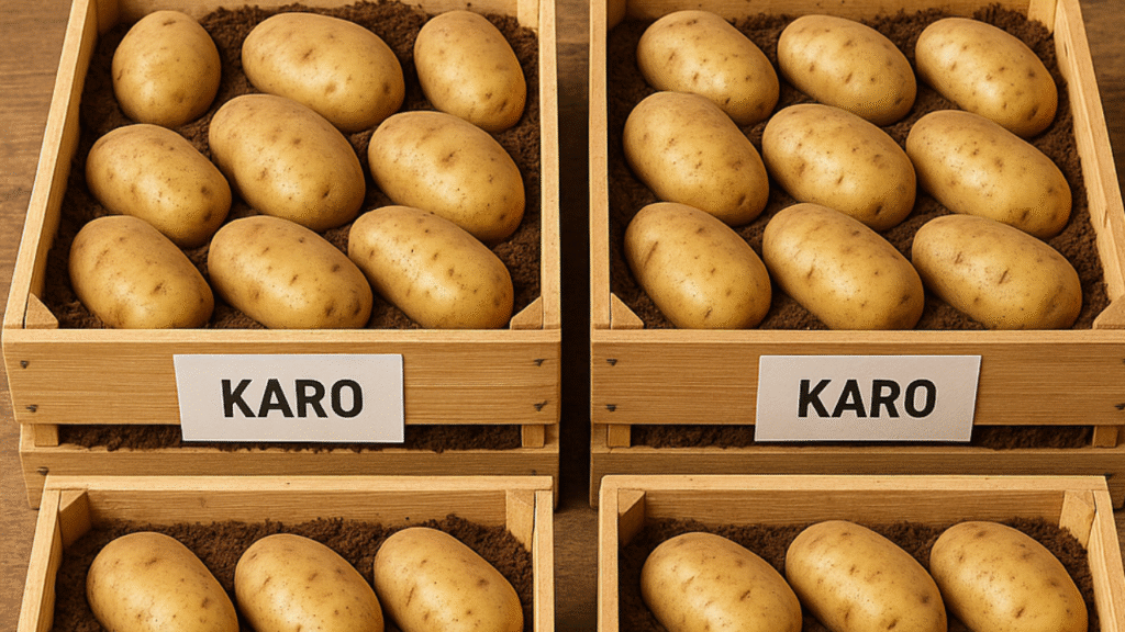 Labeled dahlia tubers packed in boxes with peat moss for winter storage”