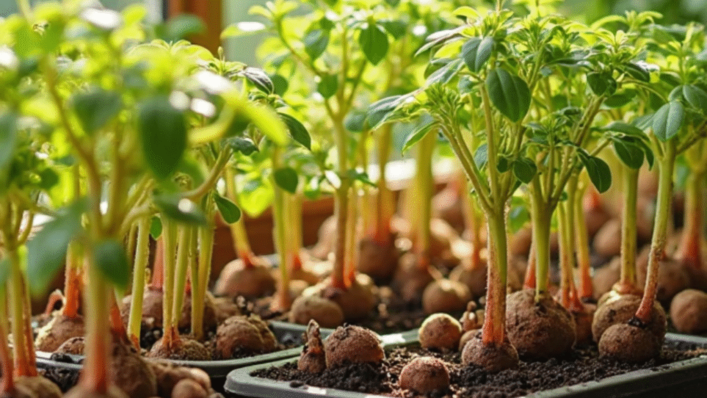 “Dahlia tubers pre-sprouting indoors with tiny green shoots before spring planting”