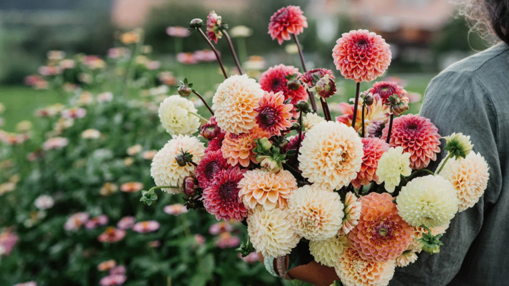 "Vibrant mixed dahlia varieties blooming in a garden including café au lait, ball, and pompon dahlias"