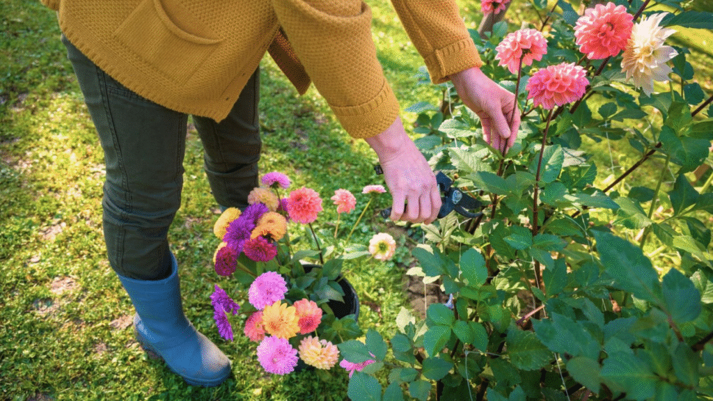Photo of a gardener staking dahlias or pinching back stems in a sunny garden