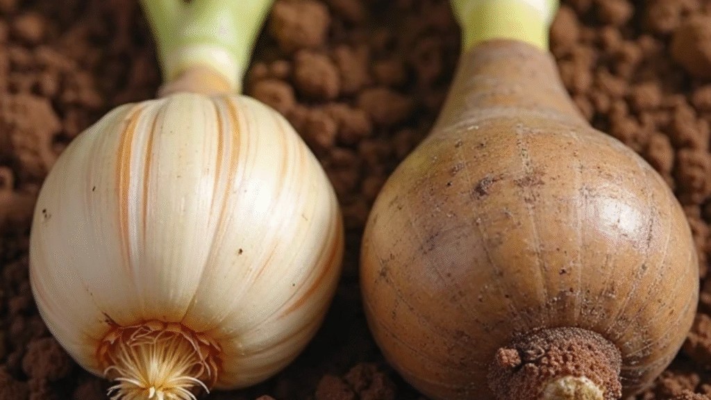 “Comparison of tulip bulb and dahlia tuber highlighting the difference in shape and structure for gardeners”

