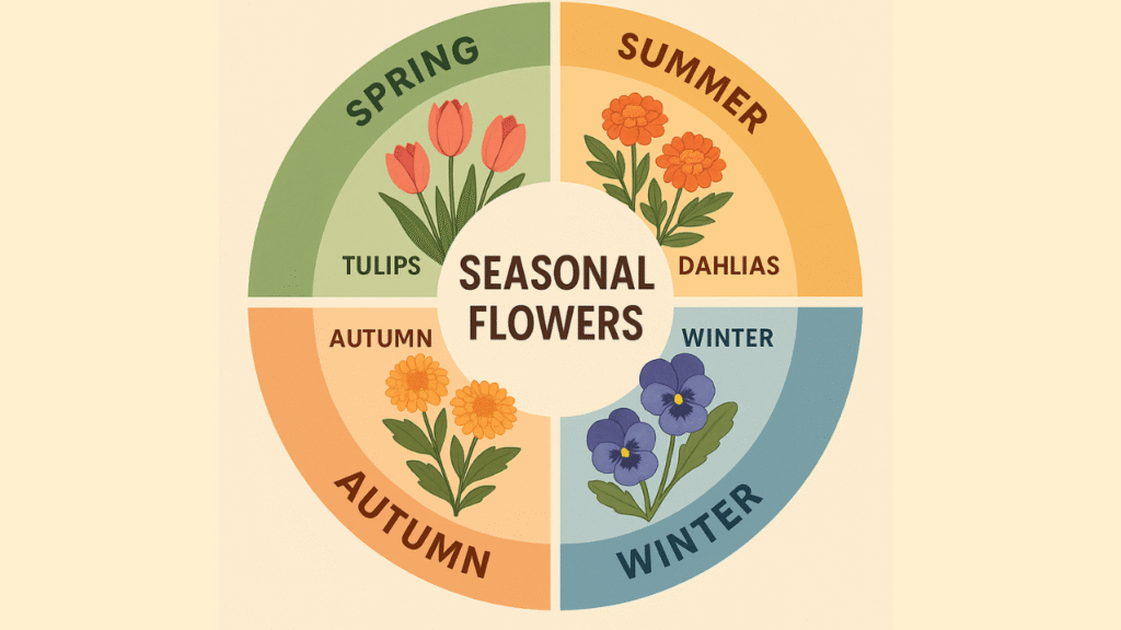 “Seasonal flower calendar showing bloom times for spring, summer, fall, and winter flowers”