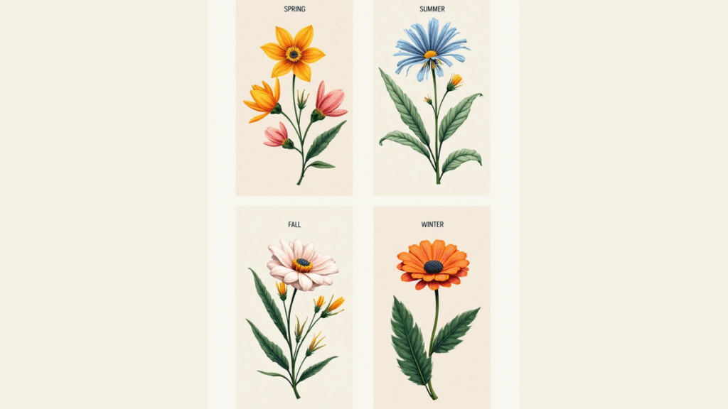 “Seasonal planting guide with flowers to grow in spring, summer, fall, and winter”