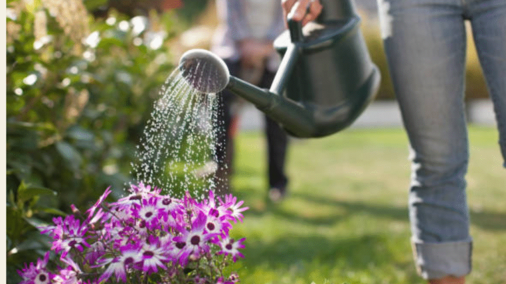 “Gardener watering and pruning blooming seasonal flowers for healthy growth”