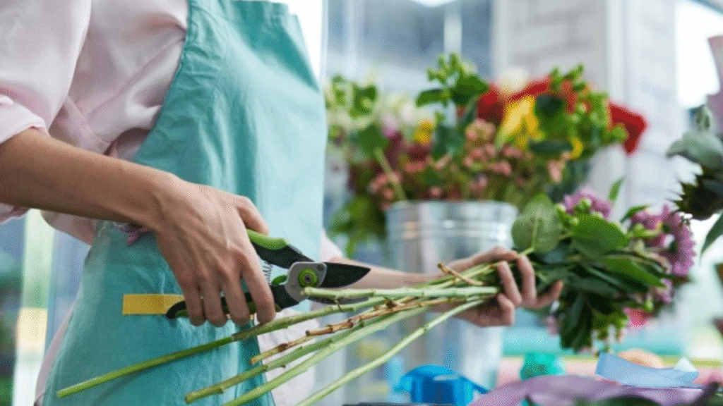 "Trimming leaves and cutting flower stems diagonally for better water absorption"