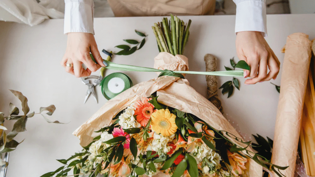 "Wrapping floral tape around bouquet stems to hold flowers securely"


