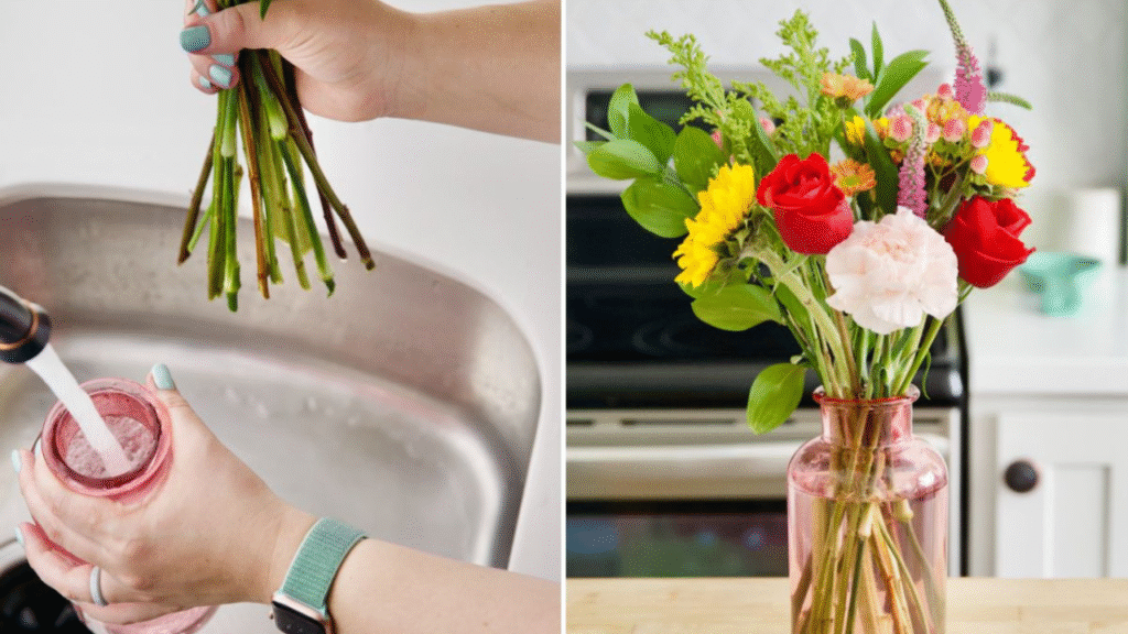 "Trimming bouquet stems to fit vase and placing flowers in fresh water"

