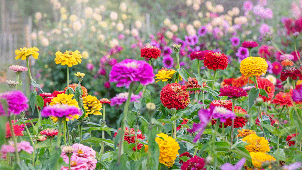 "Colorful backyard cut flower garden in full bloom with zinnias, cosmos, and sunflowers"