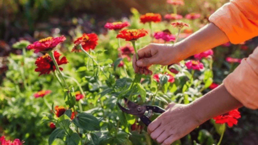 Freshly picked homegrown flower bouquet held in gardener’s hands"