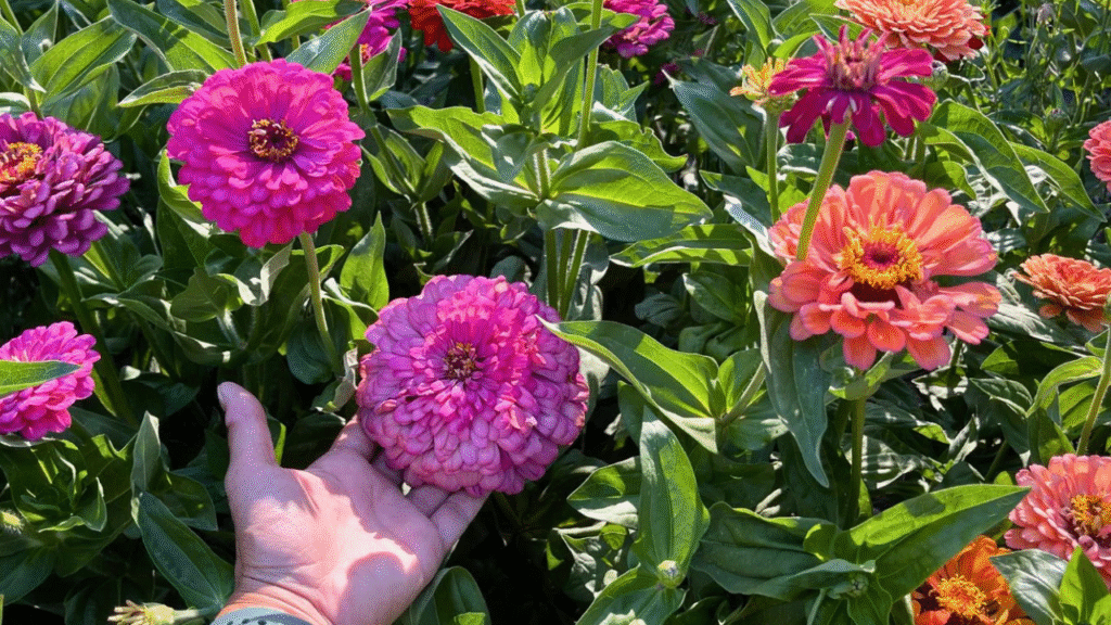 Easy-to-grow flowers like zinnias and sunflowers blooming in a home garden row"